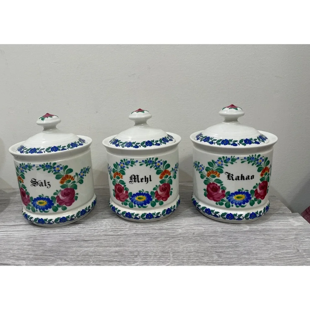 Kurt Hammer Vintage German Floral‎ Ceramic Canister Set of 3 Salz Mehl Kakao